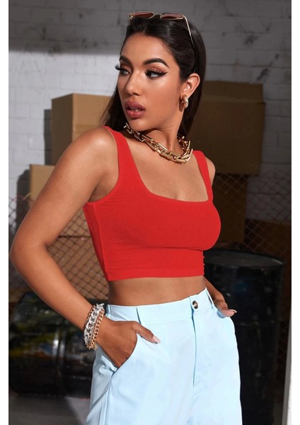 Kadın Kırmızı Kalın Askılı Crop Top Büstiyer