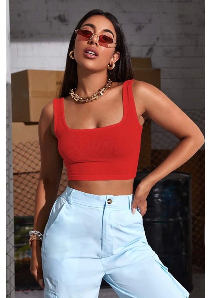 Kadın Kırmızı Kalın Askılı Crop Top Büstiyer