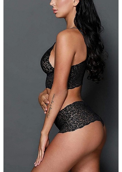 Kadın Siyah Şortlu Dantelli Bralet Takımı