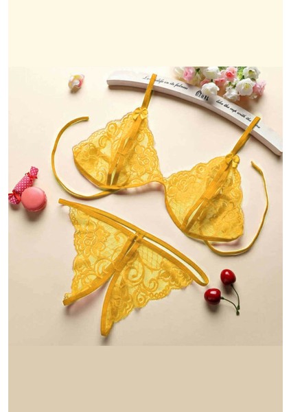 Kadın Sarı Dantelli Sütyen Külot Takımı