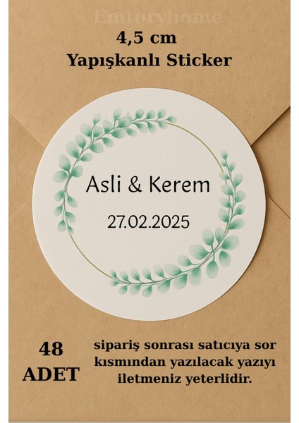 48 Adet Yuvarlak Kişiye Özel Sticker 3,5 cm - Nikah Sticker - Nişan Sticker Yeşil 1.hamur