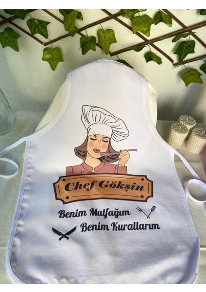 Keten Mutfak Önlüğü Kişiye Özel Isim Baskılı Esmer Saç