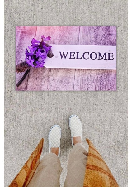 Dijital Baskı Dekoratif Welcome Lila Kapı Önü Paspası K-1254