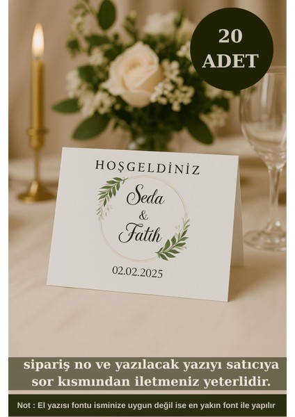 Yeşil Çieçekli 20 Adet Masa Kartı - Nişan Masa Kartı - Düğün Masa Kartı - Tek Yön 1.hamur