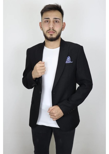 Fistan Store Erkek Siyah Armürlü Italyan Kesim Dar Kalıp Tek Düğme Yazlık Blazer Ceket