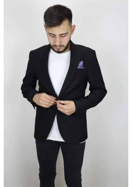 Fistan Store Erkek Siyah Armürlü Italyan Kesim Dar Kalıp Tek Düğme Yazlık Blazer Ceket fiyatları