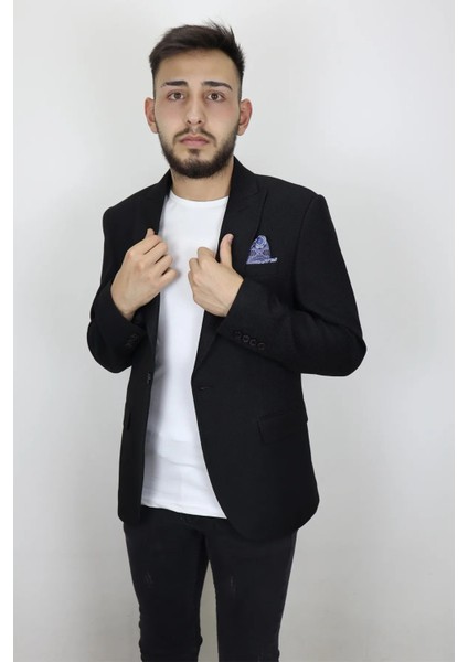 Fistan Store Erkek Siyah Armürlü Italyan Kesim Dar Kalıp Tek Düğme Yazlık Blazer Ceket modelleri