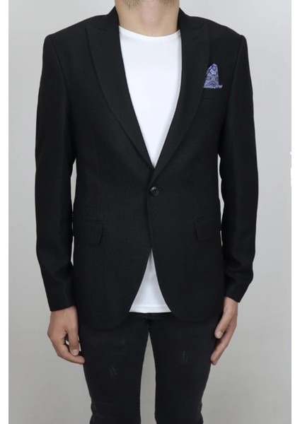 Fistan Store Erkek Siyah Armürlü Italyan Kesim Dar Kalıp Tek Düğme Yazlık Blazer Ceket fırsatları