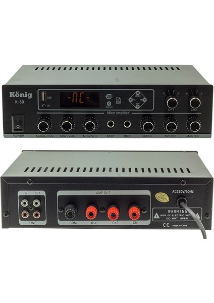 König K-80 MİNİ-80W 100V/70V/4-16 Ohm Usb/sd/bluetooth/2 Bölgeli 2 Mik.giriş Trafolu Anfi (4887)