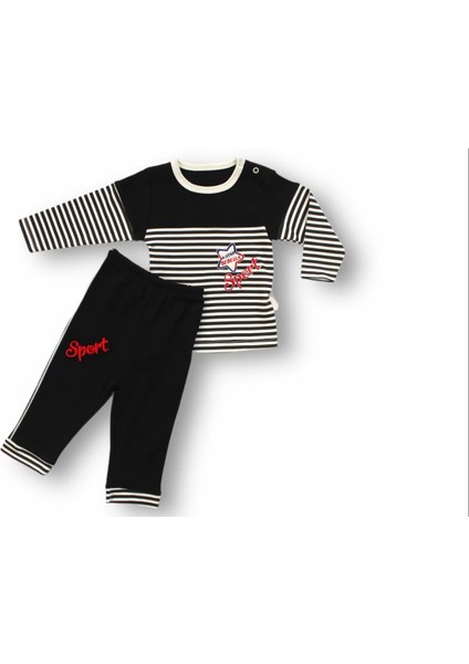6-9 9-12 12-18 18-24 24-36 Ay Sport Baskılı Çizgili Uzun Kollu Sweatli 2li Erkek Bebek Takımı Siyah