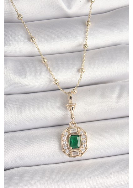 Pirinç Gold Renk Zirkon Taşlı Topçuk Zincir Serenay Model Kadın Kolye - TJ-BKO9902.GLPZR