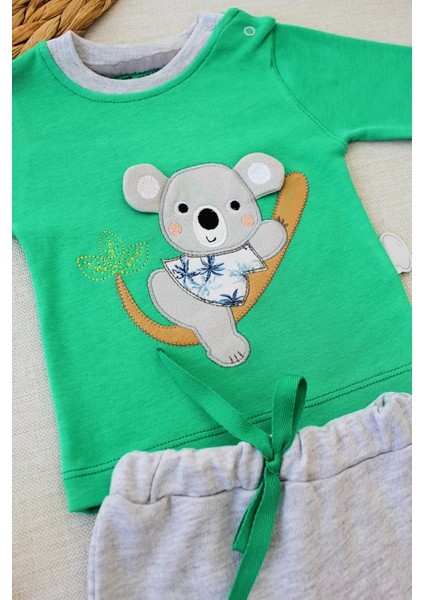 3-6 6-9 9-12 12-18 Ay Yavru Koala Nakışlı Uzun Kollu Sweat 2li Kız Erkek Bebek Takımı Yeşil