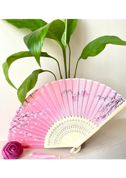 Yelpaze Pembe Beyaz Bambu Kumaş