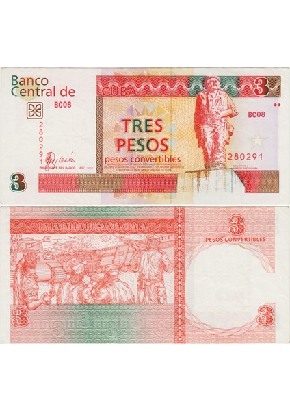 Küba 3 Dövize Çevrilebilen Peso 2007. Çok Çok Temiz Kondisyon.