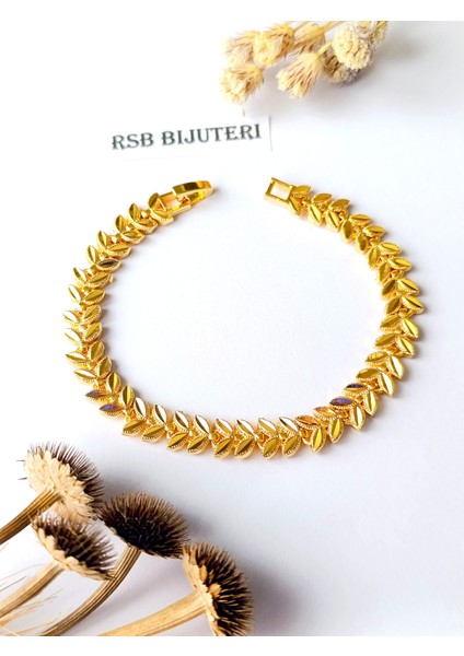 Bileklik Yaprak Altın Kaplama Zirkon Taş 316 L Çelik + Hediye Paket