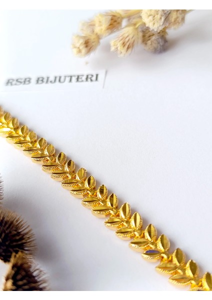Bileklik Yaprak Altın Kaplama Zirkon Taş 316 L Çelik + Hediye Paket