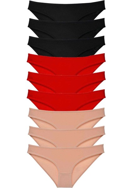 9 Adet Süper Eko Set Likralı Kadın Slip Külot Siyah Kırmızı Ten