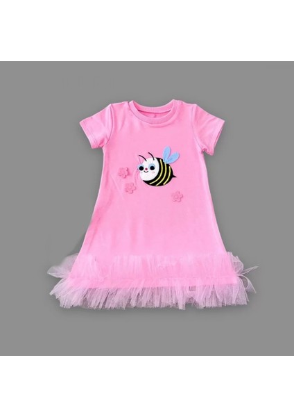 1-2-3 Yaş Arıcık Nakışlı Eteği Fırfırlı Jile Kız Çocuk Elbisesi Pembe