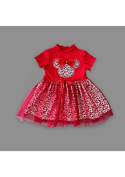 1-2-3 Yaş Fiyonklu Mickey Astarlı Etekli Kız Bebek Tütü Elbisesi Kırmızı