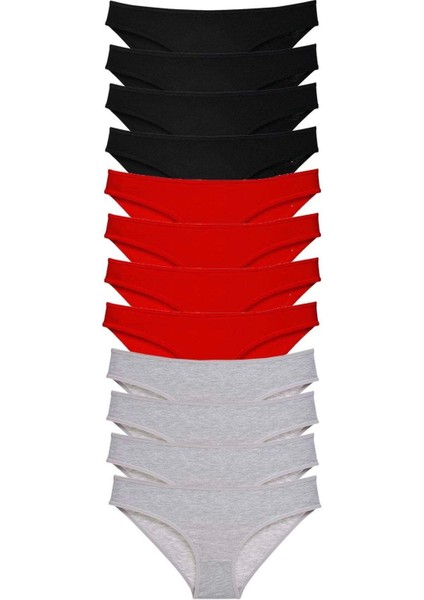 12 Adet Süper Eko Set Likralı Kadın Slip Külot Siyah Kırmızı Gri