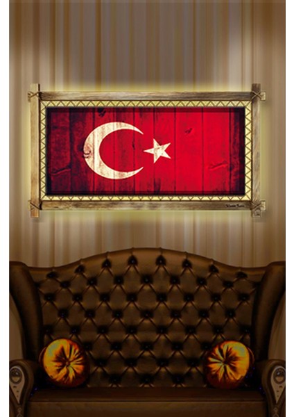 - Türk Bayrağı LED Işıklı Rustik Kanvas Tablo B