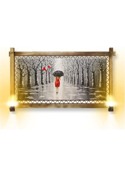 - Rustik Işıklı Şemsiyeli Kadın Kanvas Rustik Tablo K
