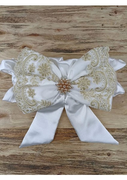 Sahra Taç Nakışlı Inci ve Dantel Fiyonklu Çift Dantel Duvaklı Trilüks Kundak Bebek Battaniyesi Gold indirimleri