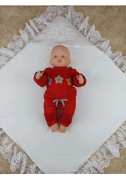 Yenidoğan Pırıltı Nakış Detaylı Lüks Kundak Bebek Battaniyesi Ekru