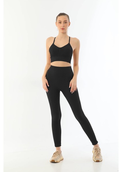 Siyah Soft Seamless Ripli Tayt Yoga Takımı