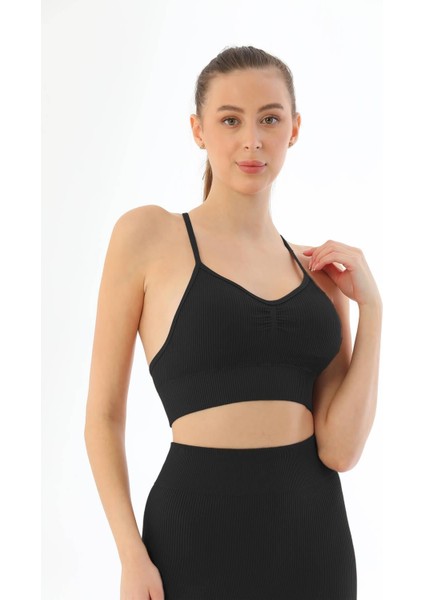 Siyah Soft Seamless Ripli Tayt Yoga Takımı
