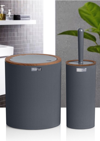 Ahşap Desenli Çizgili Yuvarlak 2'li Banyo Aksesuar Seti - Antrasit fırsatları