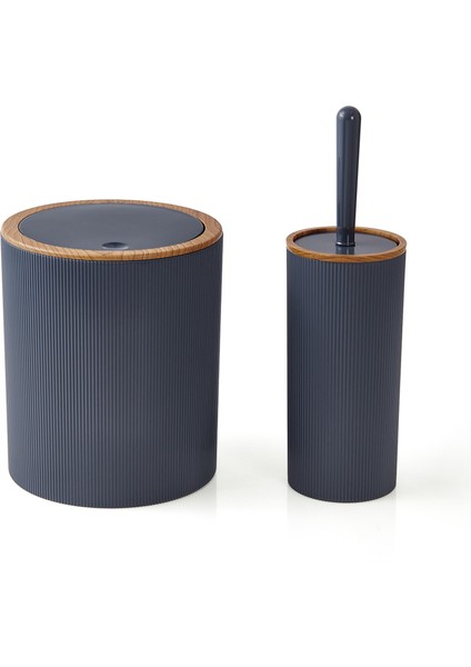 Ahşap Desenli Çizgili Yuvarlak 2'li Banyo Aksesuar Seti - Antrasit