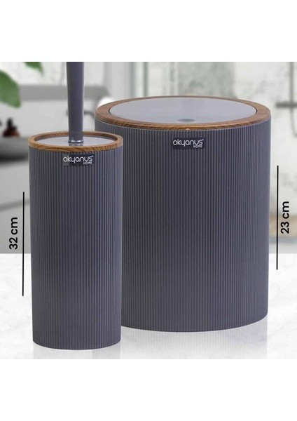 Ahşap Desenli Çizgili Yuvarlak 2'li Banyo Aksesuar Seti - Antrasit