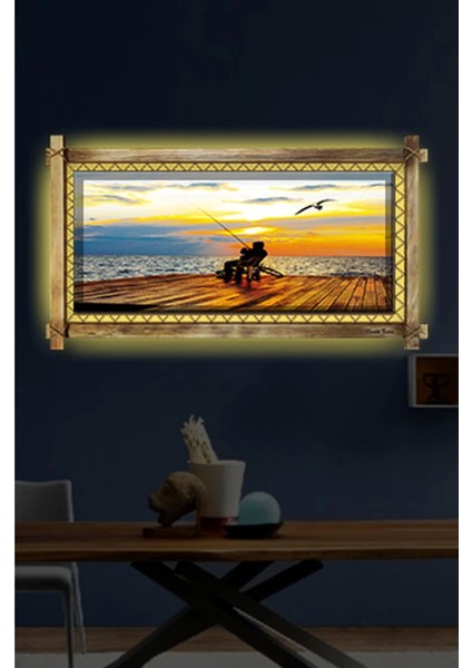 - Balık Tutma LED Işıklı Rustik Kanvas Tablo K