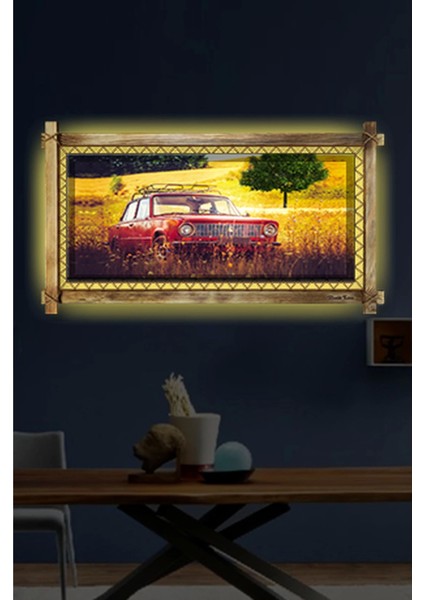 - Kırmızı Antika Araba LED Işıklı Rustik Kanvas Tablo K