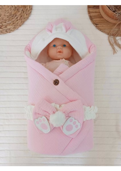 Yenidoğan 4 Kat Müslin Kumaş Kulaklı Patili Fiyonk Bebek Battaniyesi Kundak Pembe