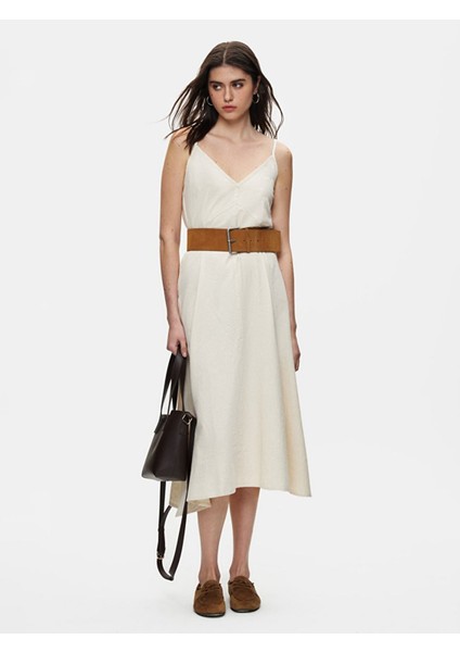 Kadın Keten Relaxed Askılı Bej Elbise