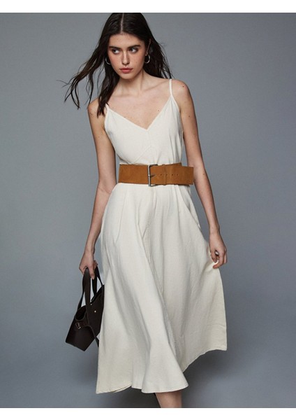 Kadın Keten Relaxed Askılı Bej Elbise indirimleri