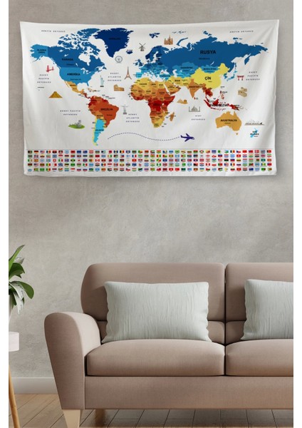 - Duvar Örtüsü Bayrak Detaylı Türkçe Güncel Dünya Haritası Kanvas Duvar HALISI-4047