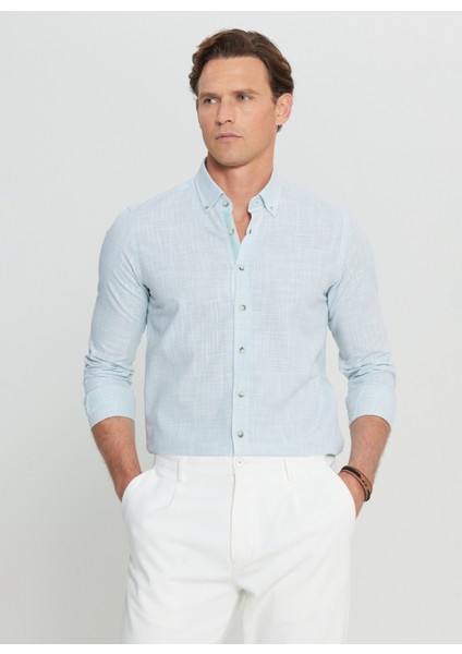 Slim Fit Düğmeli Yaka Haki Erkek Gömlek ACE020252168_HAK