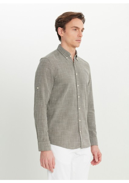 Slim Fit Düğmeli Yaka Haki Erkek Gömlek ACE020252165_HAK modelleri