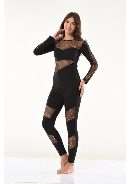 Puanlı Transparan Detaylı Kadın Tayt Takım modelleri