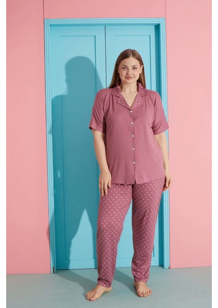 Büyük Beden Milan Kumaş Önü Düğmeli D. Gül Kurusu Kadın Pijama TAKIMI-7560