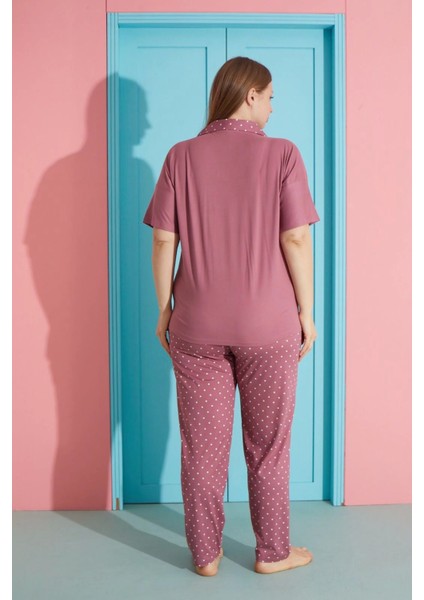 Büyük Beden Milan Kumaş Önü Düğmeli D. Gül Kurusu Kadın Pijama TAKIMI-7560