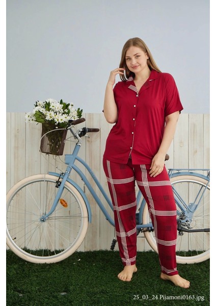 Büyük Beden Milan Kumaş Önü Düğmeli Kırmızı Kadın Pijama TAKIMI-7560
