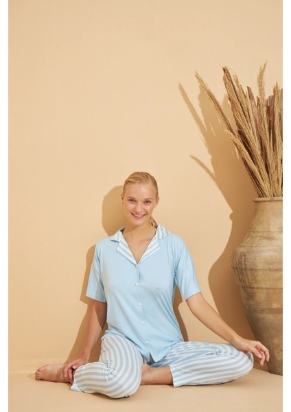 Kadın Önden Düğmeli Milan Kumaş Gömlek Yaka Mavi Pijama Takımı - 7515