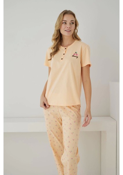 Süprem Kumaş Düğmeli Yaka Kısa Kollu Turuncu Pijama Takımı - 2552 modelleri