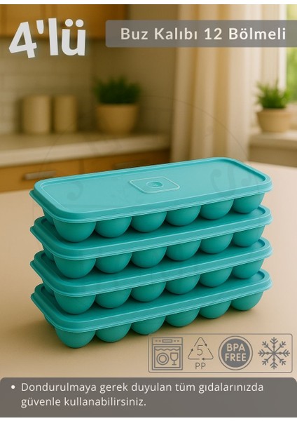 4\'lü Set Buz Kalıbı 12 Bölmeli Esnek Silikon Buz Küpü Bpa Free Kare Bas Parmak Buzluk Çapı 3,5 cm Mavi