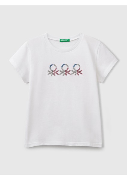 Benetton Kız Çocuk Baskılı Tshirt 6-14 Yaş Beyaz