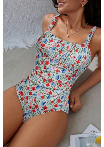 Çiçek Baskılı Büzgülü Kaplı Mayo